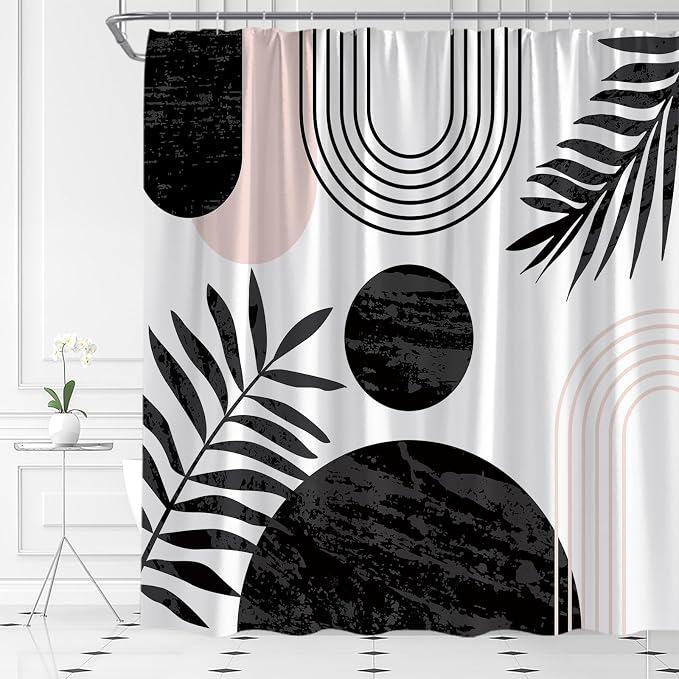 Mid Century Modern Shower Curtain Boho Black Abstract Retro Aesthetic Fabric for Bathroom Decor Bathtub with Hooks (70" WX78 H)
