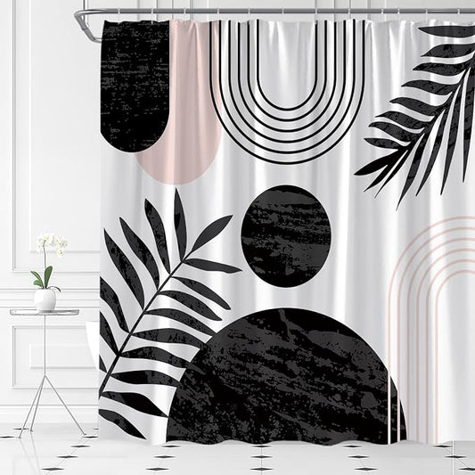 Mid Century Modern Shower Curtain Boho Black Abstract Retro Aesthetic Fabric for Bathroom Decor Bathtub with Hooks (59" WX70 H)