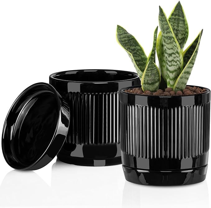 Vanavazon 6 Inch Glazed Ceramic Plant Pots with Drainage Hole and Saucer, Cylinder Indoor Planters for All House Plants, Modern Decor for Home & Office, Set of 2 (Black)