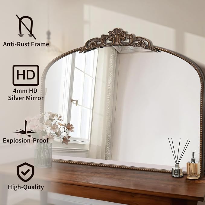 Micasso Large Bronze Vintage Mirror: 40"x29" French Baroque Antique Arched Mirror - Traditional Ornate Decorative for Wall/Fireplace/Mantel/Entryway/Bathroom/Hallway - Home Decor for Living Room