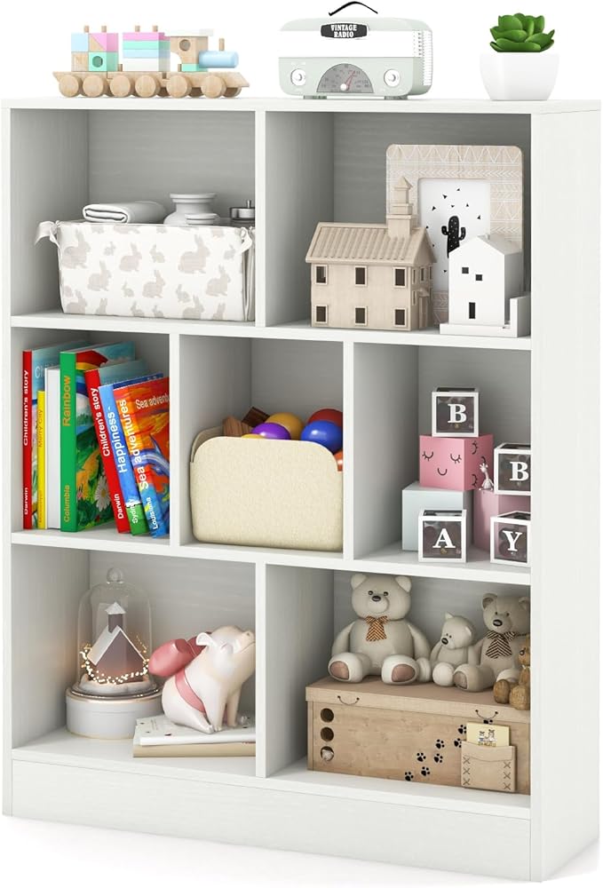 HONEY JOY Kids Toy Storage Organizer, 7-Section Wooden Floor Storage Cabinet, 41” Daycare Toy Chest, 3-Tier Kids Display Bookshelf for Classroom, Playroom & Nursery, Kindergarten (White)