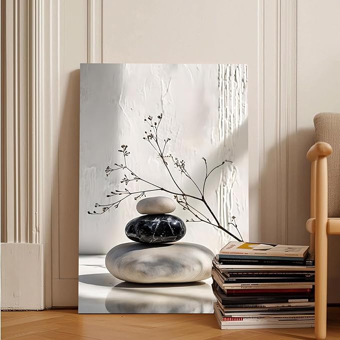 Gray and black stone pile and dried flowers poster canvas wall art in harmony Minimalist wall art for tranquil homes and mindful spaces 16x24in Wood Framed