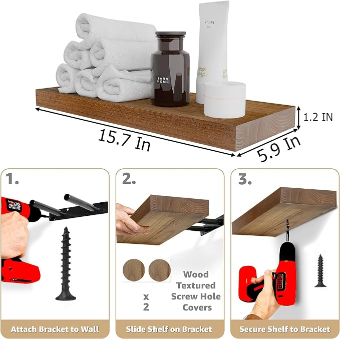 IAE Walnut Floating Wall Shelves 16 inch, Bathroom Shelves Wall Mounted,Invisible Shelf Floating Kitchen Shelves,Wooden Wall Shelving with Brackets for Living Room Wall Mounted,Easy Install,Set of 2