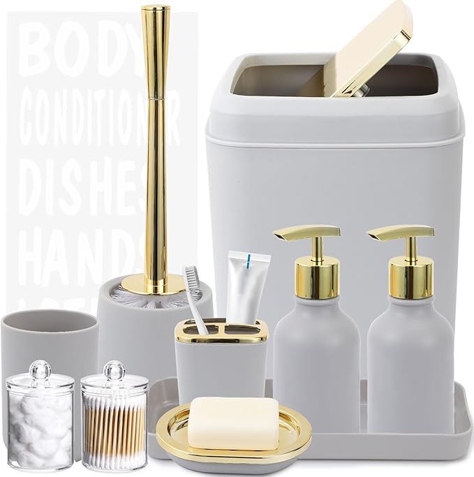 XLHOMO Grey and Gold Bathroom Accessories Set - 10 Piece Bathroom Sets with Trash Can and Toilet Brush, Soap Dispenser, Toothbrush Holder and Cup, Soap Dish, Qtip Holder, for Housewarming Present