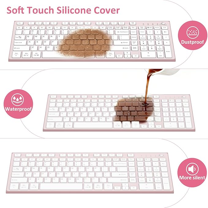 Wireless Keyboard and Mouse, GALENMORO Silent Quiet Combo Low Profile USB C Full Size Compact with Number Pad Flat Soft Touch Cordless for Mac Computer PC Laptop MacBook iMac Office - Pink Rose Gold