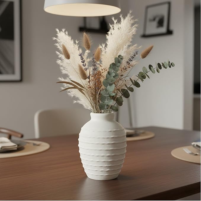 Ceramic Flower Vase 7.3 Inch Modern Farmhouse Vases Rustic Decorative Vase Home Decor Minimalist Handcrafted Pottery Terracotta Centerpiece Vases for Living Room,Bedroom,Table,Weddings,Office-White