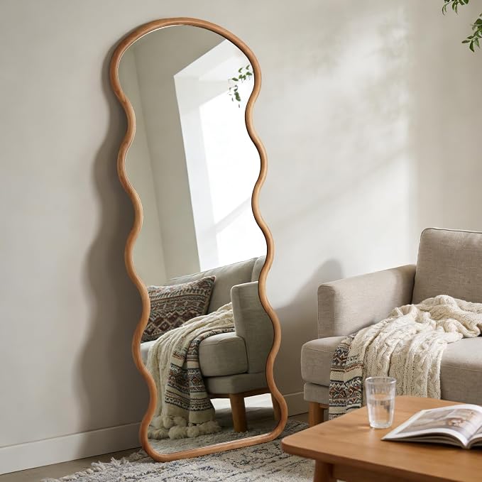 WallBeyond 24"x65" Full Length Wood Arched Mirror, Natural Wood Boho Accent Mirror with Wavy Design, Decorative Floor or Wall Mounted for Bedroom
