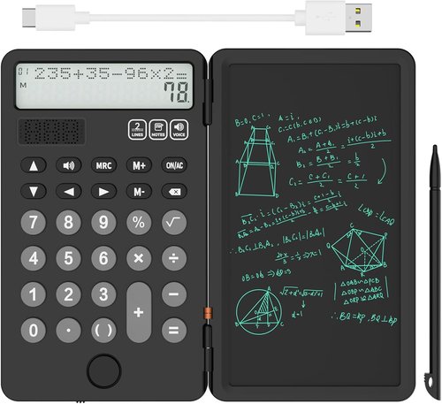 NEWYES Portable Calculator - Rechargeable Solar Power Desk Calculator with Notepad | 2-Line 12-Digit Display (Black)