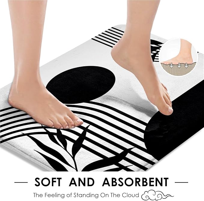 Boho Mid Century Shower Curtain Set with Toilet Lid Cover and Non-Slip Rugs, Abstract Geometric Black White 4 Pcs Modern Minimalist Vintage Shower Curtain for Bathroom Set with 12 Hooks