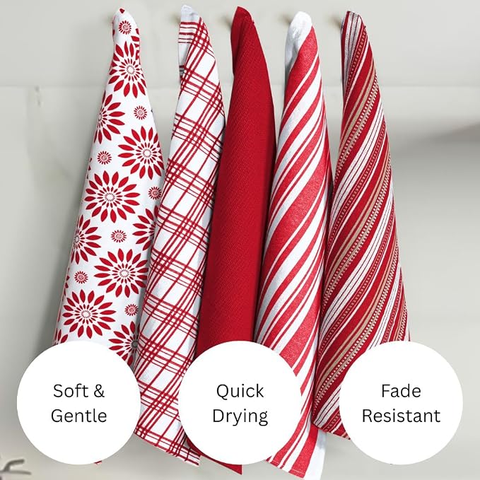 Assorted Kitchen Towels Set of 5-100% Cotton Dish Cloths Towels with Hanging Loop - Soft, Absorbent & Washable for Kitchen Use - Quick Drying Dish Towels 16x26 Inch Red