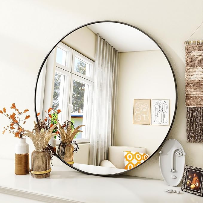 VooBang Black Round Bathroom Mirror, 30 inch Circle Wall Mounted Hanging Mirror with Simple Modern Circular Metal Frame for Hallway, Entryway, Living Room, Black Frame