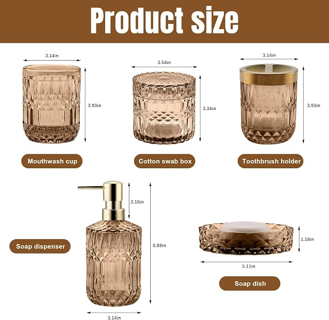 5Pcs Brown Bathroom Accessories Set, Glass Bathroom Accessories, Vintage Bathroom Countertop Decoration Includes Soap Dispenser, Toothbrush Holder, Qtip Holder,Soap Dish and Rinsing Cup