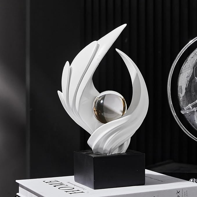 Modern Art Statue Decor, Abstract Swirl-Shaped Sculpture with Glass Ball Resin Art Figurines Centerpiece Sculptures for Home Decor Living Room Stand Coffee Table Office Bookshelf Decoration (white)