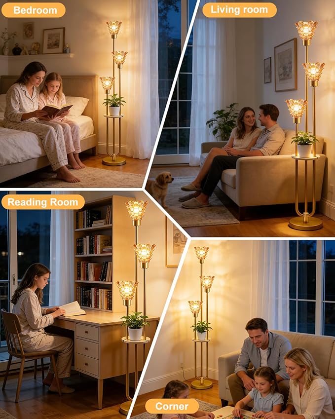 Lightdot Amber Glass Floor Lamp with Shelf, 63IN Mid Century Modern Gold Floor Lamps with 3 3000K Soft Warm White Bulbs Included, Standing Tall Lamp with 5Lbs Heavy Base for Living Room/Wedding/Office