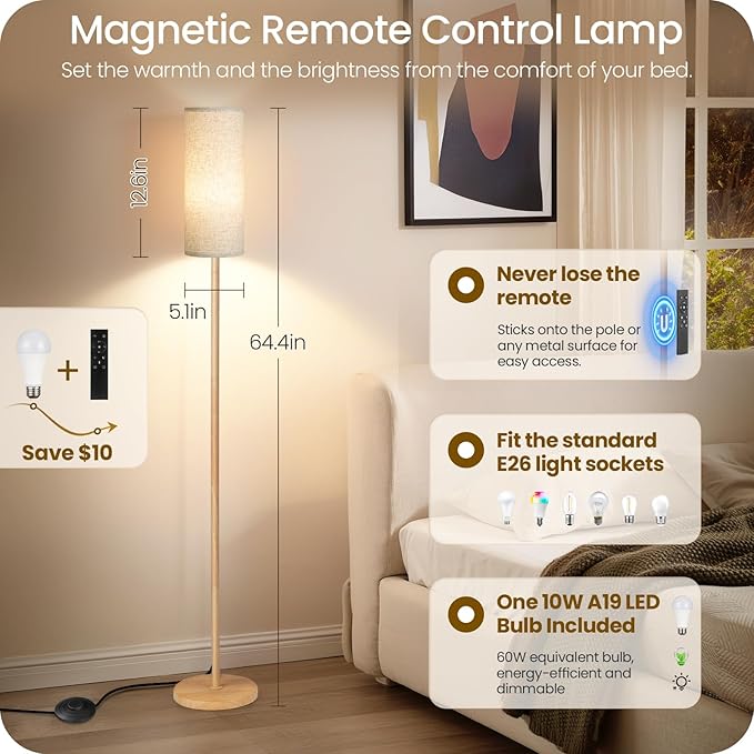 Wooden Textured Pole Lamp, Dimmable Floor Lamps for Living Room with Remote and Foot Switch, 64.4” Standing Tall Lamp, Corner Floor Light for Bedroom, Bulb Included, 3000K-6500K, FCC Listed XE06LD05W1