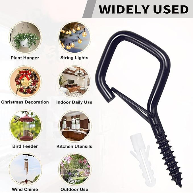 Sexoeie 10PCS Eye Screw Hooks for Hanging Heavy Duty with Safety Buckle.Metal Ceiling Hooks for Hanging Plants,Cup,Wind Chime,Bird Feeders,String Lights at Indoor&Outdoor,2.36 Inches Black