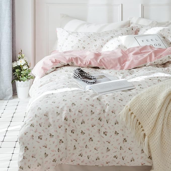 HighBuy Girl Floral Duvet Cover Queen Cotton Pink Flower Coquette Bedding Comforter Covers Queen Bedding Set Pink White Lightweight Soft for Girls Garden Style Duvet Cover for Children