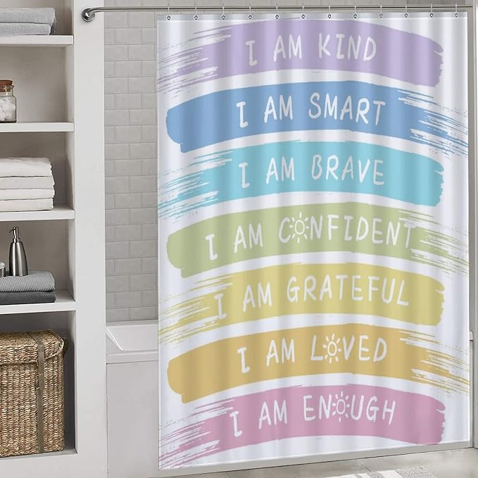 Rainbow Shower Curtain for Girls Bathroom, Kids Baby Boho Cute Inspirational Motivational Quotes Bohemian Cartoon Colorful Pastel Waterproof Fabric Shower Curtain Set with Hooks, 72"x78" Inch