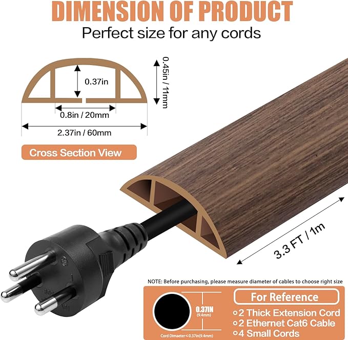 Floor Cord Cover Cable Cavity Self Adhesive Cord Hider Floor Floor Cable Management Power Cord Protector Floor Electric Cord Covers for Offices, Gym, Exhibitions (Misty Brown Wood, 2.36" x 3.3')
