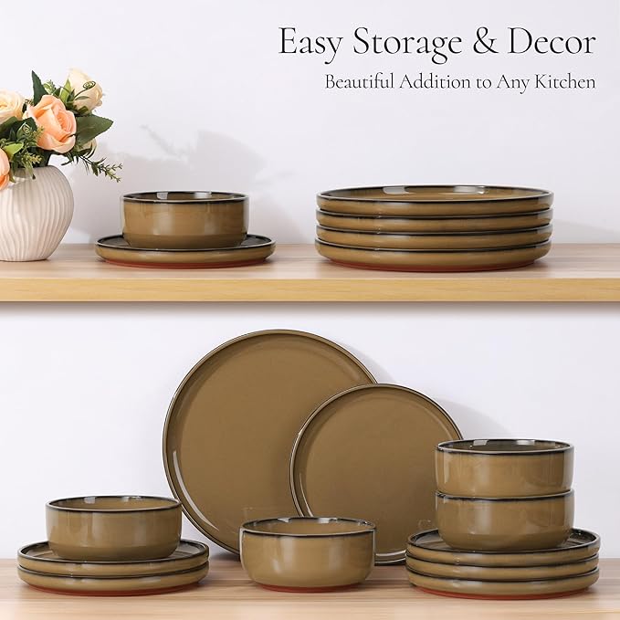 E-far Stoneware Dinnerware Sets for 2, 6 Pieces Reactive Glaze Plates and Bowls Sets, Elegant Dishes with Rustic Terracotta Base, Dishwasher & Microwave Safe, Scratch Resistant, Deep Camel