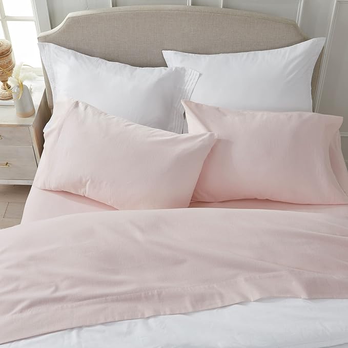 Market & Place 100% Turkish Cotton Flannel Sheet Set | 4 Piece Deep Pocket Solid Cozy Winter Bed Sheets | Double Brushed for Extra Softness & Comfort | Chalet Collection (King, Blush Pink)