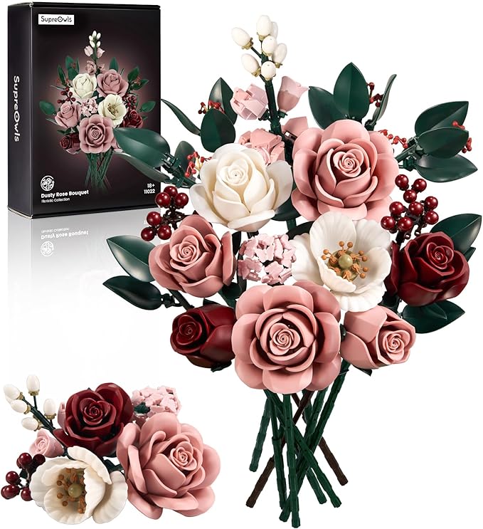 iATOM Pink Roses Flower Bouquet Building Set, Artificial Flowers Botanical Collection Kit for Adults Women & Men - Gift for Christmas, Home Room Office Shelf Centerpieces Decor - IA11022