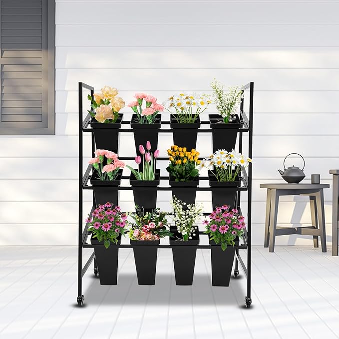 3-Layers Flower Display Stand Metal Plant Holder with 12PCS Buckets Moving Plant Cart Shelf Flower Shelf for Florist Garden Patio,3.28 * 1.84 * 4.04ft (Black Frame With Black Buckets)