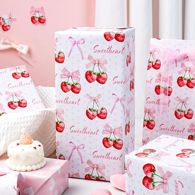 Homeral Pink Strawberry Birthday Wrapping Paper Roll - 17In x 16.5Ft Reversible Gift Wrap, Strawberry and Bow Pattern Art Paper for Girls Baby Shower, Birthday, Wedding, Valentine’s Day, DIY Crafts