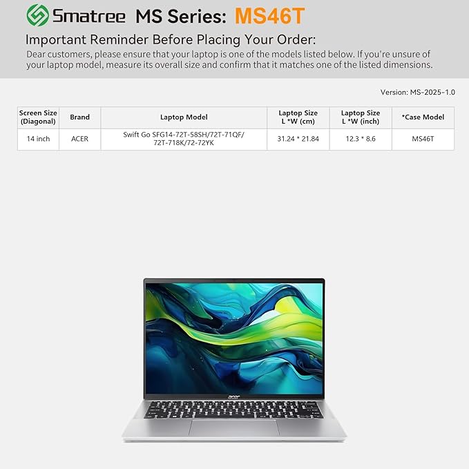 Smatree MS46T Hard EVA Protective Sleeve Case with Stand Compatible for 14 inch Acer Swift Go SFG14-72T-58SH/SFG14-72T-71QF/SFG14-72T-718K/SFG14-72-72YK Laptop Waterproof Slim Sleeve Bag