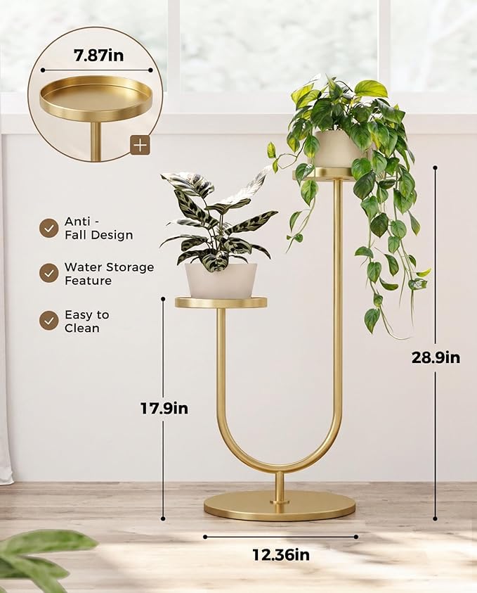 Bamworld Indoor Corner Plant Stands 2 Tier Plant Shelf for Tall Plant Holder Black Plant Shelves for Living Room Bedroom Midcentury Modern Home Decor(Gold)
