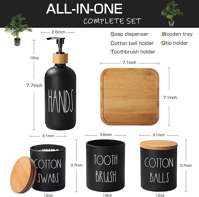 Matte Black Bathroom Accessories Set, 5 Pcs Glass Bathroom Accessory Set with Bamboo Tray, Soap Dispenser and Toothbrush Holder Set, Qtip Holder Set, Farmhouse Boho Bathroom Set Complete