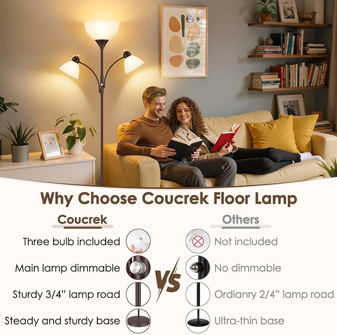 Coucrek Floor Lamp for Living Room,72" Dimmable Torchiere Lamp with 2 Reading Lights for Bedroom, Brown Tall Standing Room Lamp, 3 Bulbs Included