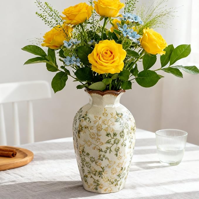 Green Vinatge Vase, Gorgeous Pastoral Octagonal Ceramic Flower Vase, Rustic Farmhouse Ice Cracked Large Chinoiserie Floral Vases for Home Decors, Cottage, Coffee Table, Bookshelf, 9.1 Inch