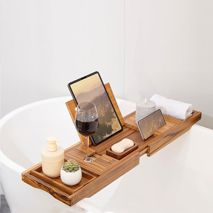 XcE Teak Bathtub Caddy Tray - Expandable to 41 Inches with Book Stand, Soap Holder & Anti-Slip Pads for Luxury Bath Spa, Teak
