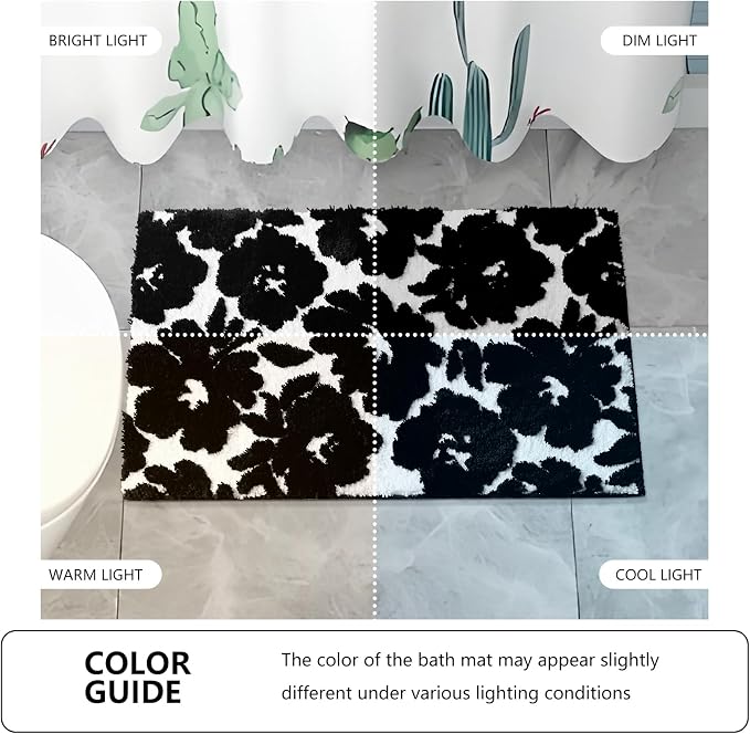 Civkor Black and White Bathroom Rug, Tufted Flower Bath Mat for Bathroom with Non Slip TPR Backing, Quick Dry Microfiber Surface, Soft and Super Water Absorbent Bath Rug, 24x16Inch