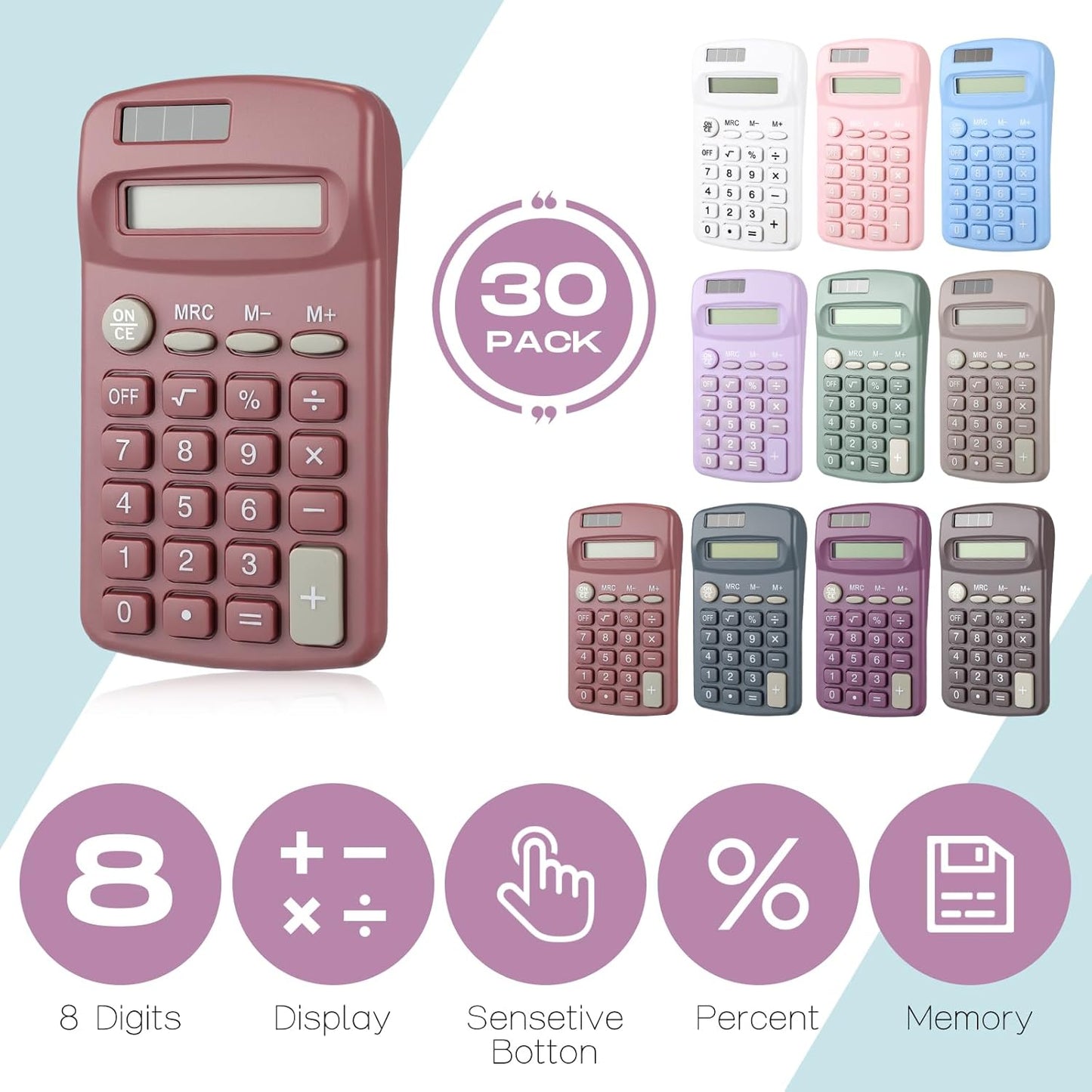 Skiennix Pocket Calculator - Compact 4-Function Mini Calculator for Students | 30 Pack, Multicolor