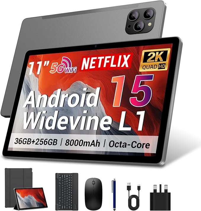 DEZLTID 2025 Android 15 Tablet 11 Inch with Keyboard Stylus Mouse: 2K IPS Tablette (2000x1200) 丨Widevine L1,36GB+256GB(1TB TF), 5G/2.4G WiFi, 8-Core, 8000mAh,8+13MP, AnTuTu 255K丨GMS丨FCC丨CE- Gray