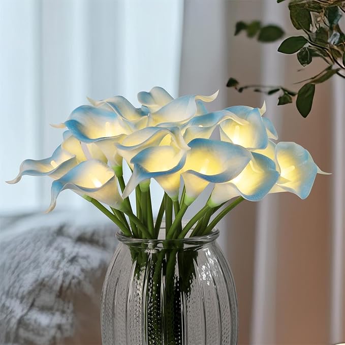 20pcs Lighted Artificial Calla Lily Bouquet Lamp Faux Floarl Night Light Real Touch Flower Night Lamp LED Calla Lily Lighted Artificial Flower for Holiday Home Kitchen Decor(Light Blue)