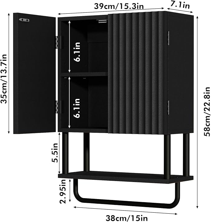 RUSTOWN Fluted Bathroom Wall Cabinet with 2 Doors, 3-Tier Modern Farmhouse Medicine Cabinet, Over The Toilet Storage Cabinet with Adjustable Shelf and Towel Bar(Black, Small)