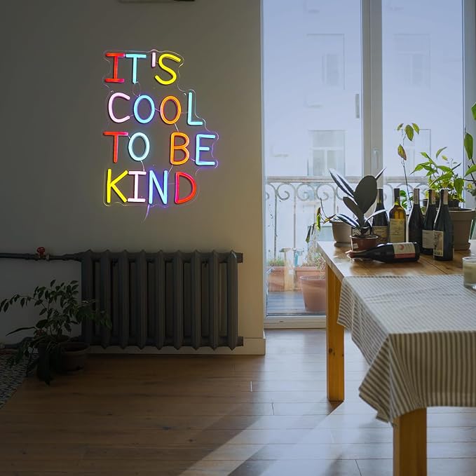 It's Cool To Be Kind Neon Sign Student Led Neon Light Powered by USB for Wall Decor Dimmable Be Kind Neon Light Sign for Classroom Bedroom Office Club Shop Bar School (Multicolored)