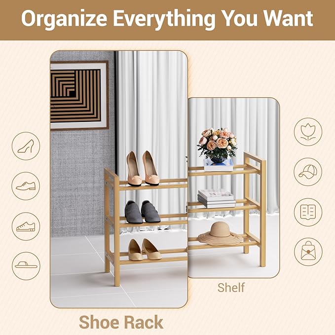 Haddockway Bamboo Shoe Rack for Closet, Free Standing Shoe Organizer with Smooth Round Rods & Convenient Handles, Stackable Shoe Storage Shelf for Entryway, Hallway(Natural, 3-Tier(Small))