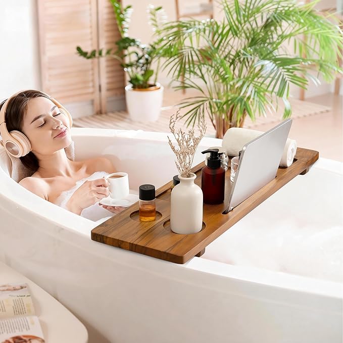 Teak Bathtub Tray - Wood Bath Caddy Tray 29" for Small Tubs - Adjustable Bathtub Table Trays - Luxury Shower Organizer for Home Spa Relaxation and Reading - Light Walnut Color