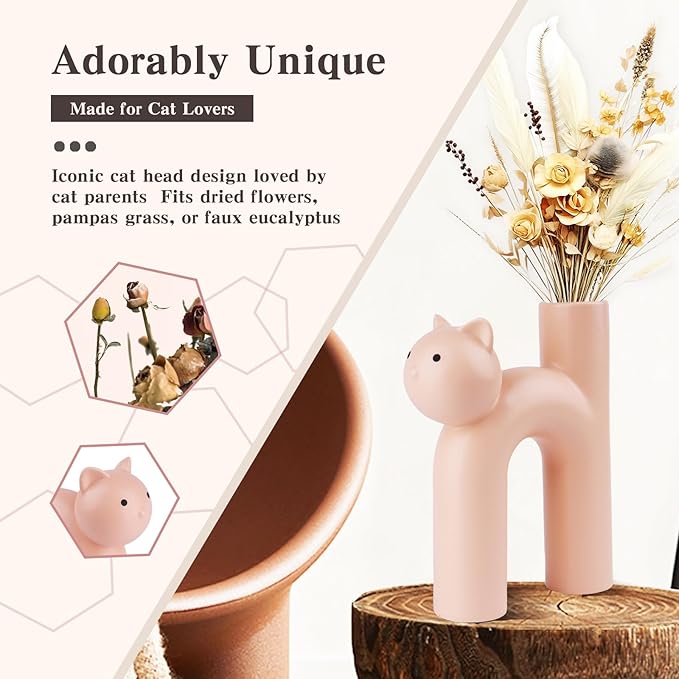 Pink Cat Lover Gift – Cute Animal Vase for Dried Flowers, Pampas Grass – Kawaii Boho Decor for Girls Room, Desk, or Shelf – Gift for Women, Girlfriend & Cat Moms