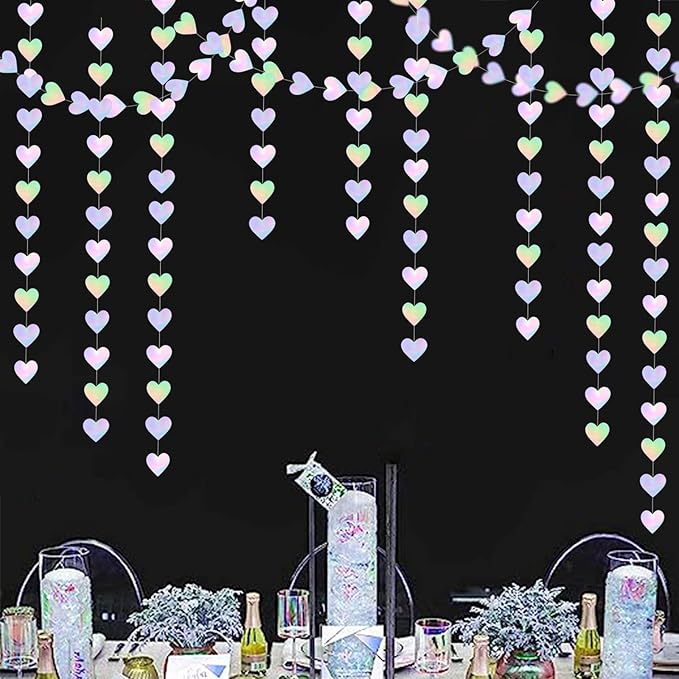 Iridescent Disco-Holographic Heart Garland - 52Ft Wedding Hanging Decoration Neon Streamers Banner, Perfect for Bridal Shower, Birthday, Baby Shower, Engagement, Valentines Day Decor