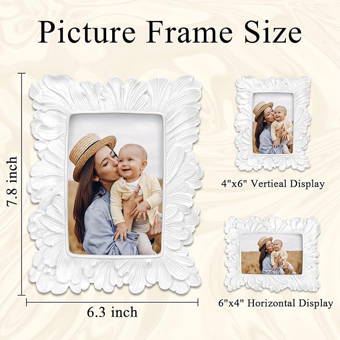4x6 Vintage Picture Frame White, Ornate Leaves Photo Frame with Glass Front, Elegant Picture Frame for Wall or Tabletop Display, Gift ldeas for Home Decor