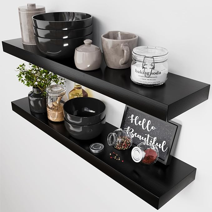 BAOBAB WORKSHOP Solid Wood Floating Shelves for Wall 30 Inches Long, Real Wooden Bathroom Shelf Large, Heavy Duty Wall Shelves Mounted Kitchen Bedroom Farmhouse, Black Shelf, 30W × 6.7D, Set of 2
