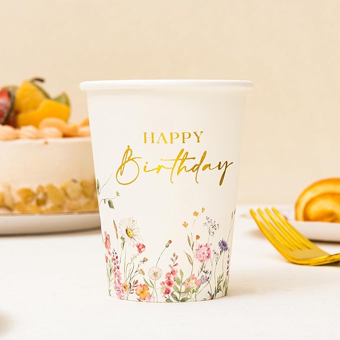 Crisky Wildflower Birthday Plates and Napkins set Women/Men Floral Disposable Tableware Set of 24 for Birthday Party Decorations (Plates, Napkin, Cups, Tablecloth, Knife & Fork)