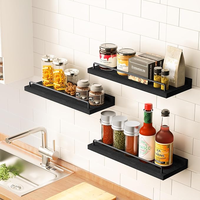RYOFOBETTO Floating Shelves for Wall Decor Bathroom Shelves Over Toilet, Farmhouse Wall Shelves for Living Room, Bedroom, Picture Frames, Plants, Kitchen (Black, Set of 3)