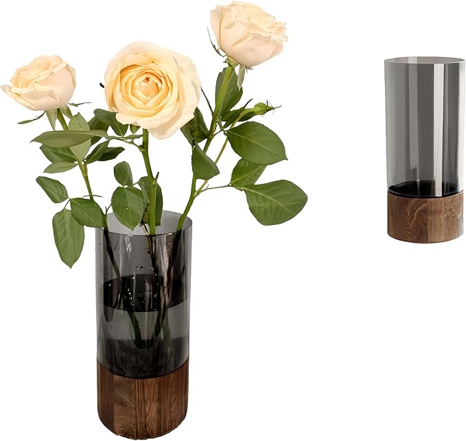 Shatterproof Acrylic Flower Vase with Wood Base–10”H*4.7''W Modern Table Centerpiece for Home Office Decor, Holds Fresh/Dried Stems, Lightweight&Stable, Present for Housewarming Christmas (Cylinder)