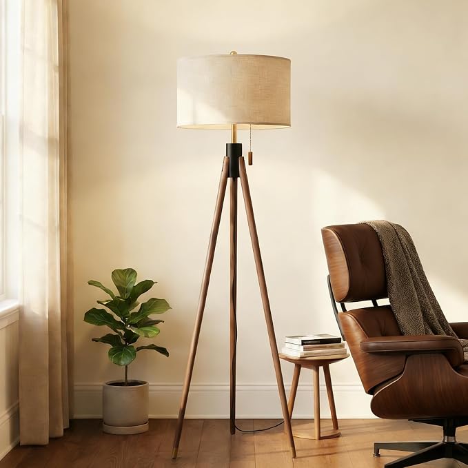 Mid Century Modern Tripod Floor Lamp, Gold Accented Two-Tone Solid Wood Floor Lamp with Black-Finished Solid Wood Center, Linen Shade & Pull Chain, Tall Lamp for Living Room Bedroom Reading Corner